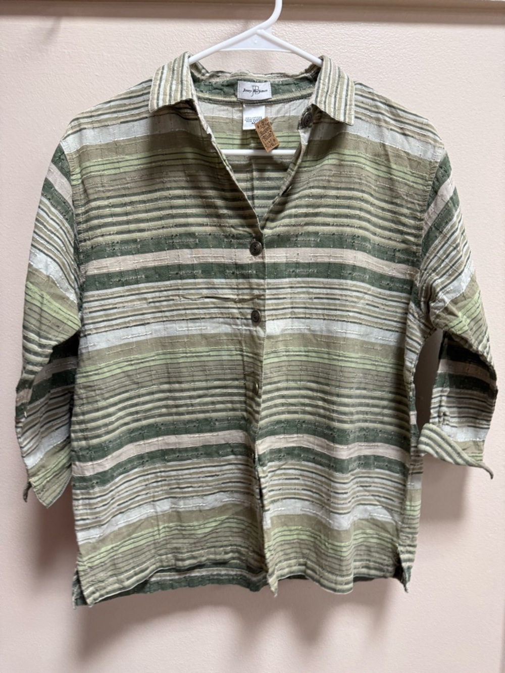 Jenny Buchman Textured Stripe Fancy Button Front Top Y2K Boho Cotton Shirt M
